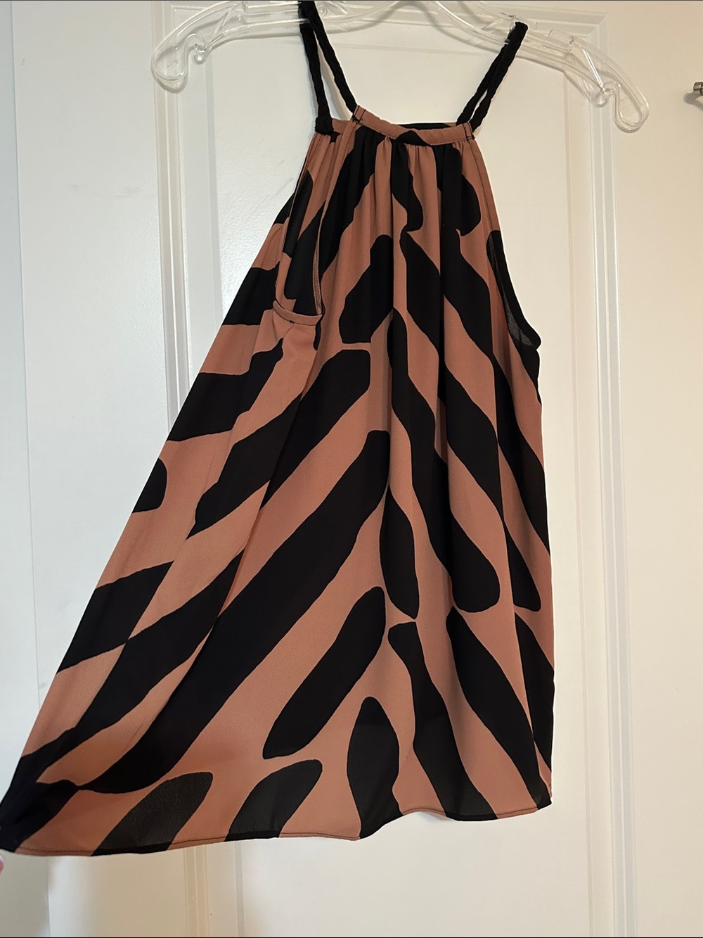 Sz XS Loft halter top brown and black abstract zebra print with a braided strap.